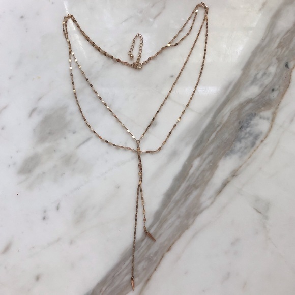 Gold Tone Double Chain Drop Lariat Necklace - Picture 6 of 10
